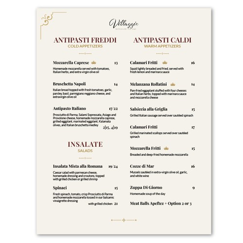 Italian restaurant menu