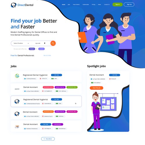 Landing page for modern dental staffing job board