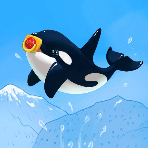 Orca whale with a binky in its mouth.