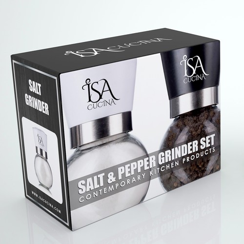 Contemporary retail box design for salt & pepper grinders.