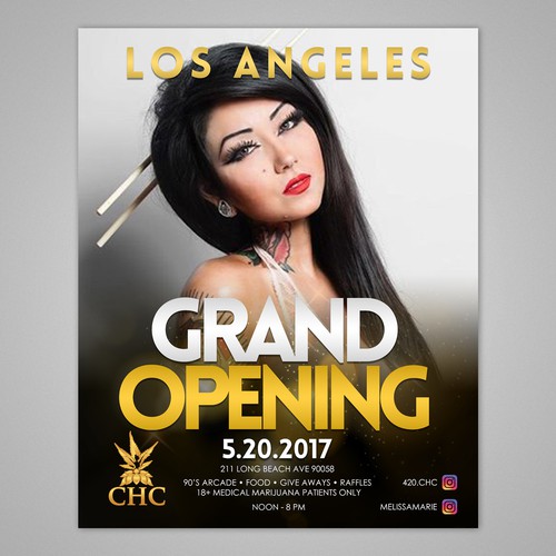 Grand opening flyer for our marijuana dispensary with guest hosts!