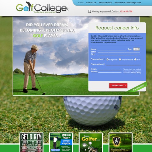 GolfCollege.com lead gen landing page