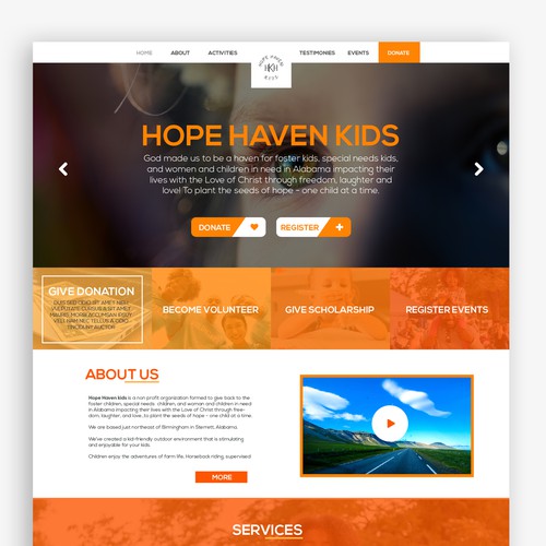 Webpage design for Hope Haven Kids.