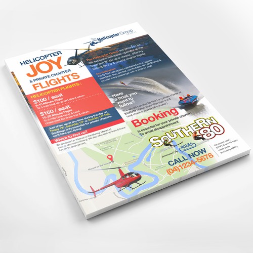 eye catching flyer for helicopter joy flights at a river ski race event