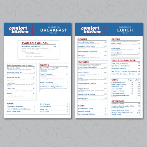 menu for a breakfast & lunch spot in Upstate NY