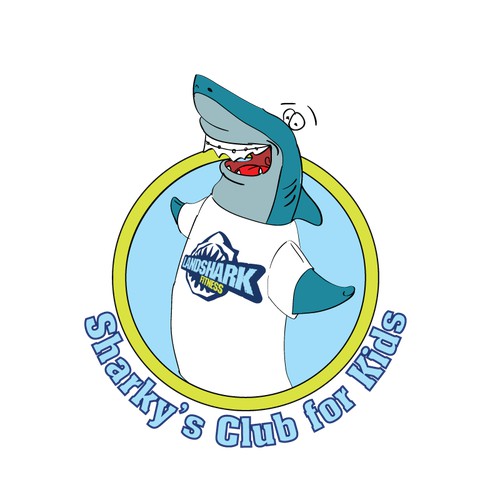 A playful shark "Sharky" wearing a Landshark Fitness T-Shirt needs a new logo