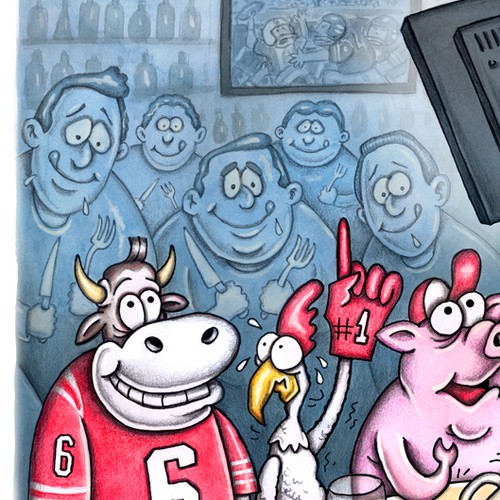 Funny Cartoon Illustration - Cow, Pig and Chicken in a Bar