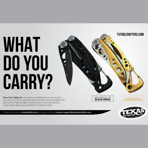 Half page magazine ad for custom knives and multi-tools