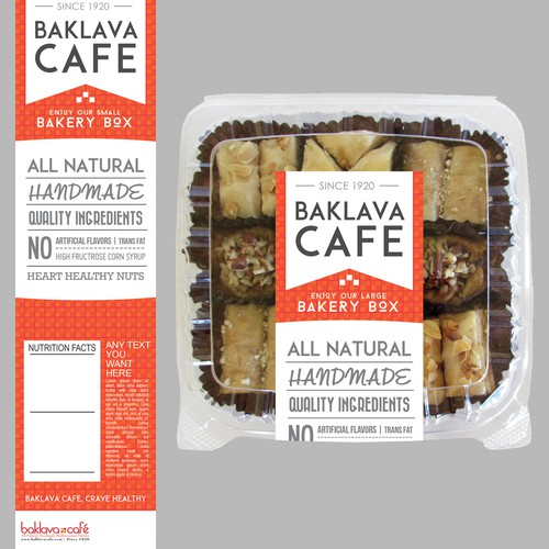 Supermarket bakery box labels for famous Baklava Cafe!