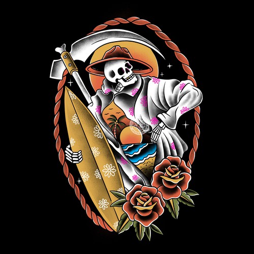 skeleton summer with traditional tattoo style