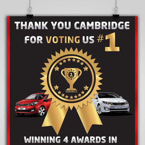 Sign that shows Cambridge Kia was voted #1 in several categories