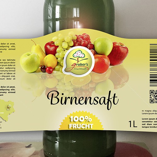 Erstellt eine ansprechende Etikette für qualitativ hochwertige Fruchtsäfte.