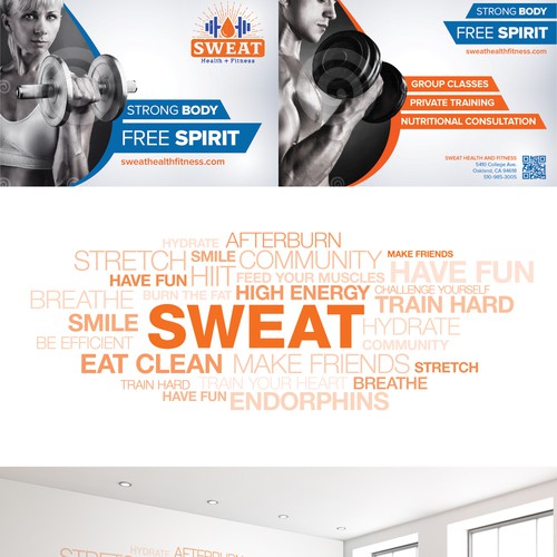 Marketing postcard and wall graphic for Sweat Health + Fitness