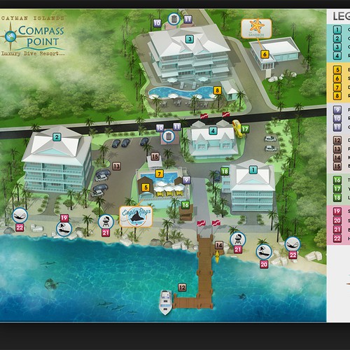 Illustrate a Scuba Diving Resort Site Plan in a Tropical Paradise