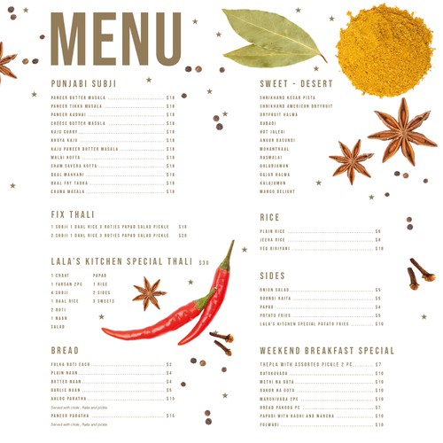 LALA'S KITCHEN INDIAN MENU