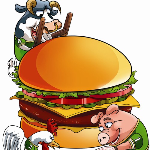 Cartoon Illustration - Farm Animals Building a Hamburger
