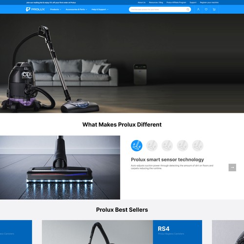 Homepage design for Vacuum Cleaner manufacturing company