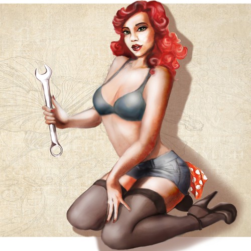 Kneeling pin-up girl for a motorcycle shop