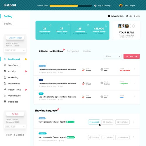 dashboard selling & buying Property 