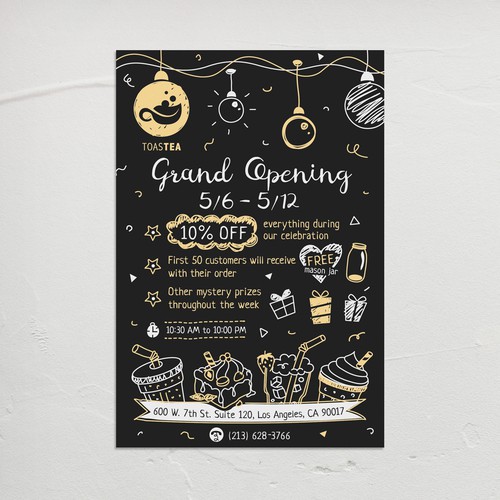 "Grand Opening" flyer design in blackboard menu style for new Tea shop in Los Angeles. 