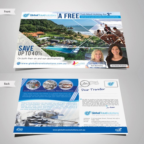Create a postcard/flyer to encourage Club Med sales for Global Travel Solutions