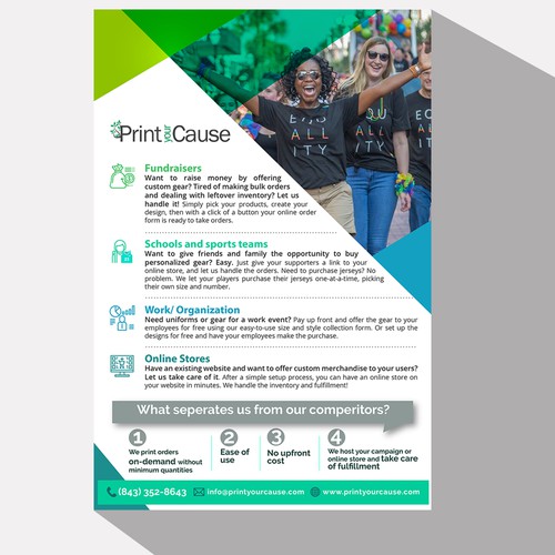 One-page sales sheet for a custom printing startup