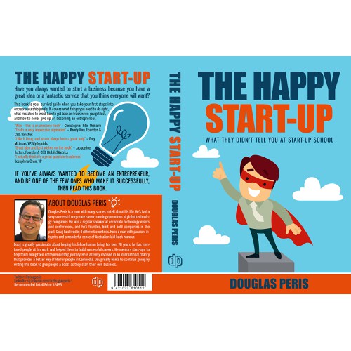 Create an out-of-this world book cover for my book "The Happy Start-Up".