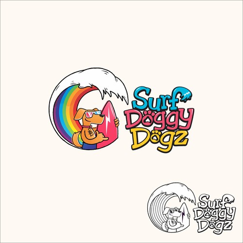 Surf mascot logo with 80's colors and feel