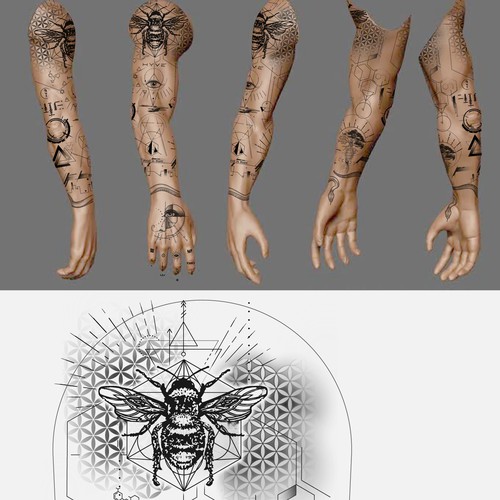Full Sleeve Tattoo - Geometric Honey Bee Sleeve Tattoo Design