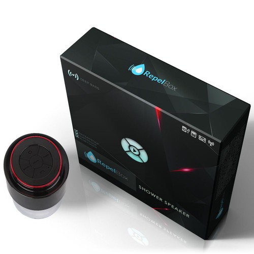 Create an Elegant package design for RepelBox (Bluetooth shower speaker)
