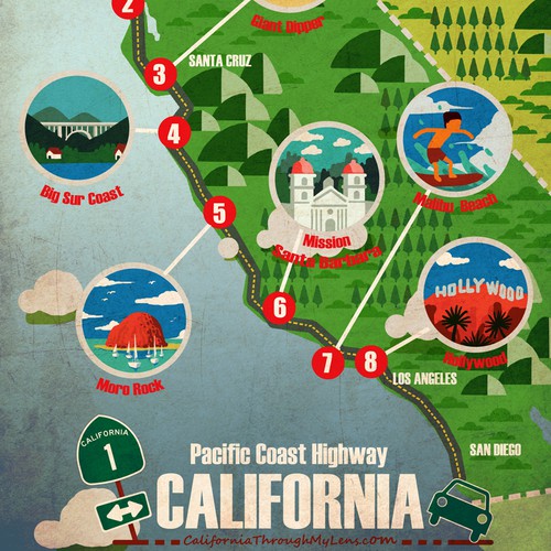 The Pacific Coast Highway California map design