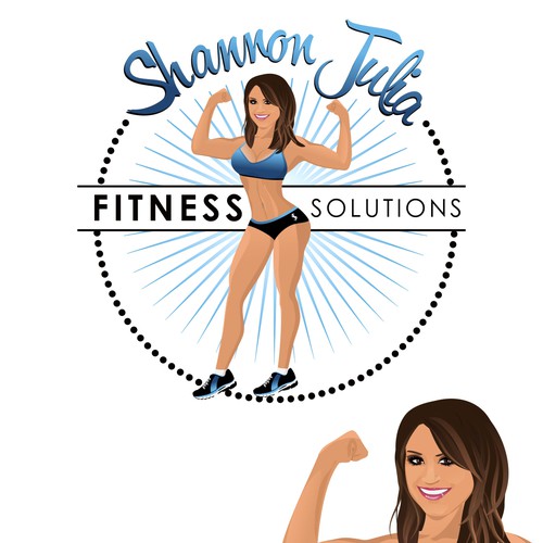 Create a fit girl flexing and posing, holding a company name.