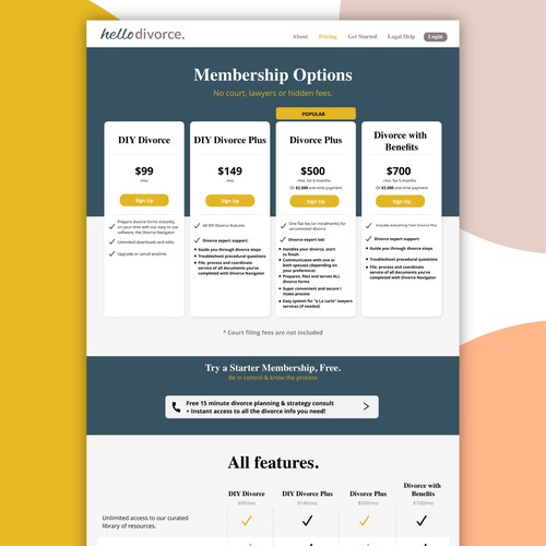 Pricing Table for B2B Lawyer Firm