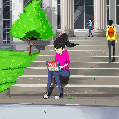 Illustration of a learner sitting on the steps of MIT's Killian Court (2nd design)