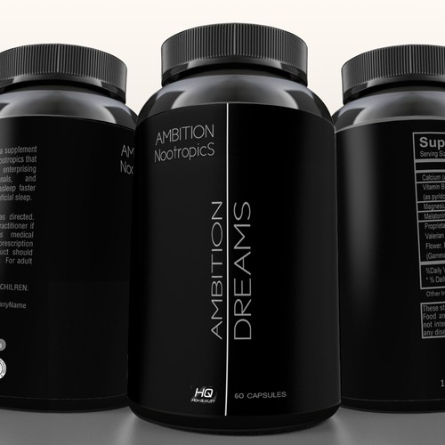 Label that exemplifies prestige, elegance, and minimalism for Ambition Nootropics newest product.