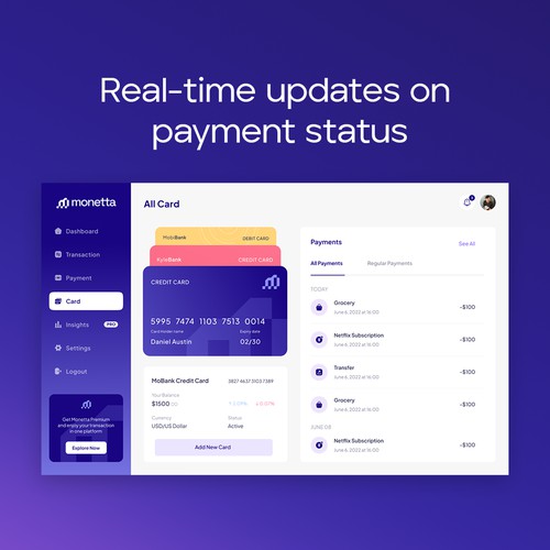 Monetta Fintech App Card Page