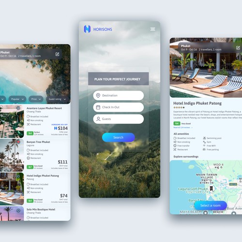UI/UX design for Horisons travel & booking app