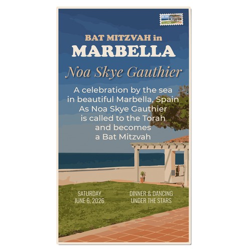 Vintage Postcard Bat Mitzvah invitation for Marbella Bat Mitzvah