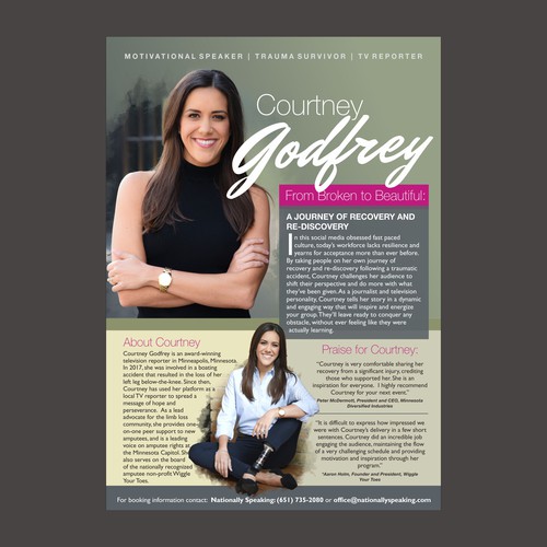 One side flyer for Courtney Godfrey, a motivational speaker and TV reporter.and 