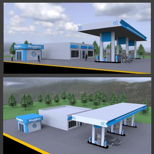 Create a fresh, eye-catching illustration of a laundromat add-on to a Petrol Filling Station