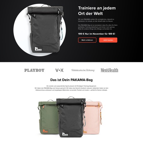 Landing Page design for Pakama Backpacks