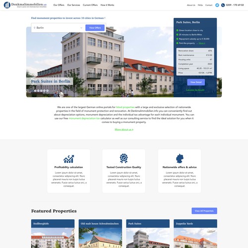 Homepage design for a German property investment firm