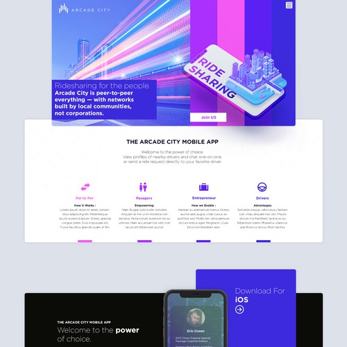 Landing page concept for a  ridesharing startup.