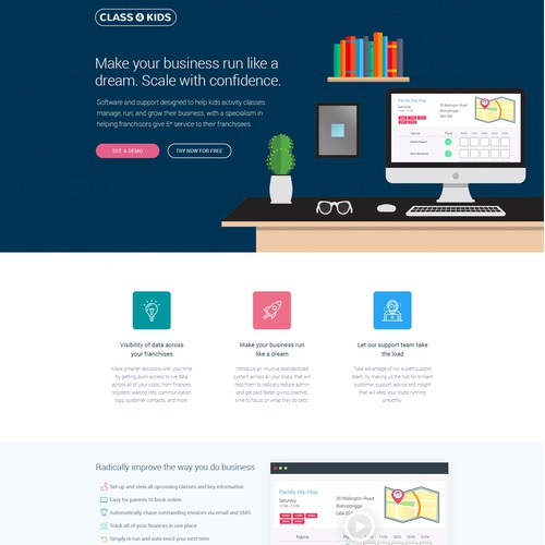 Landing page for kid classes software