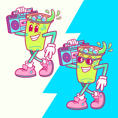 90s-inspired mascot designs for a fun and nostalgic dirty soda pop-up stand brand
