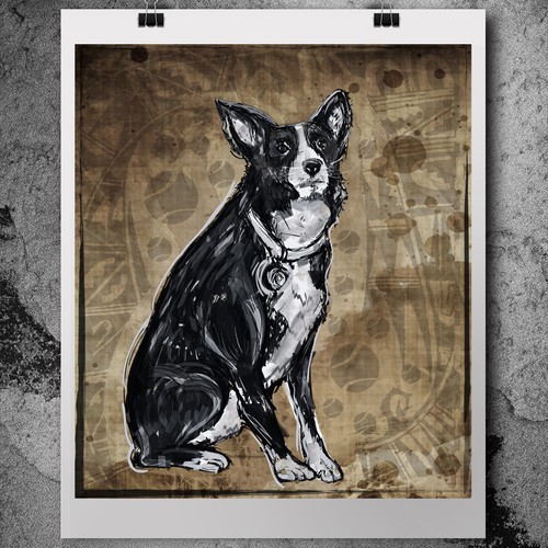 Stylized illustration of a border collie dog (for framing).