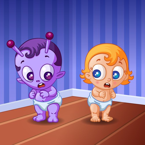 Cartoon Alien Baby and Human Baby