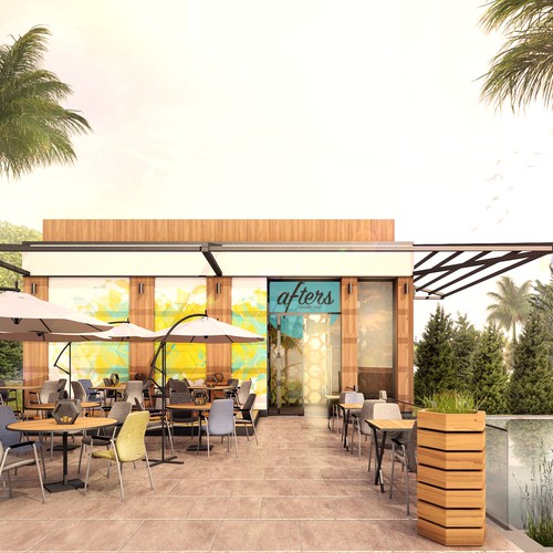 Exterior design of cafe building and patio.