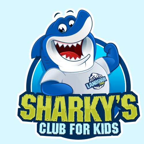 A playful shark "Sharky" wearing a Landshark Fitness T-Shirt needs a new logo