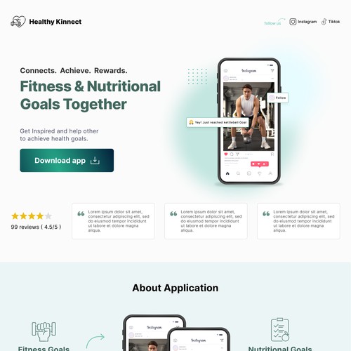 Fitness & Nutritional Goals Mobile app landing page design. 